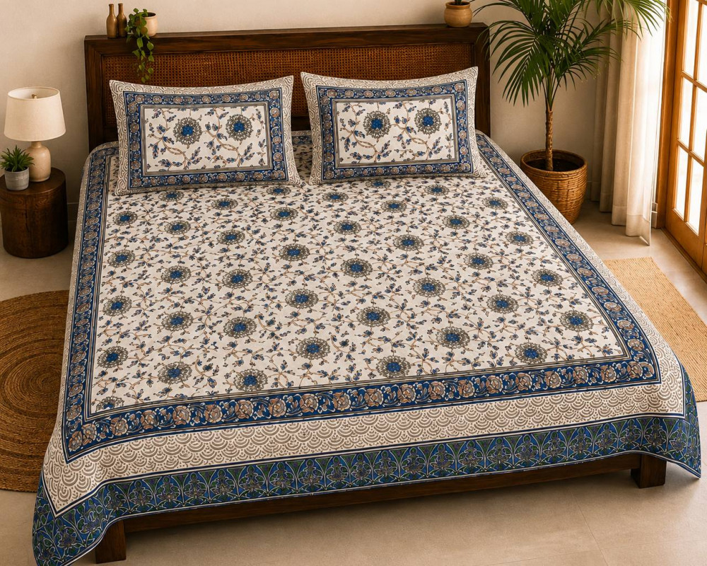 Image of Jaipuri Hand Block Printed Cotton Bedsheet with 2 Pillow Covers – Blue Floral (108x108)