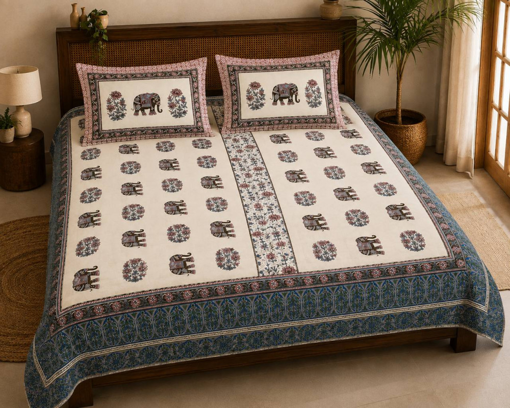 Image of Jaipuri Hand Block Printed Cotton Bedsheet with 2 Pillow Covers – Elephant Print (108x108)