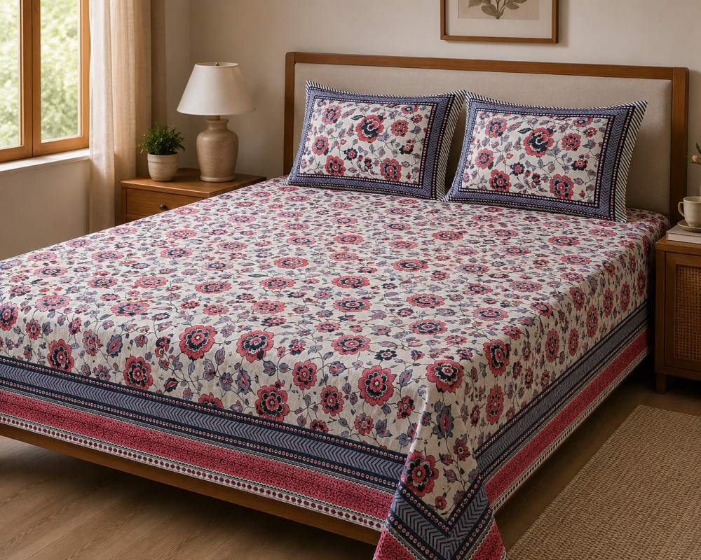 Image of Jaipuri Hand Block Printed Cotton Bedsheet with 2 Pillow Covers – Red Floral (108x108)