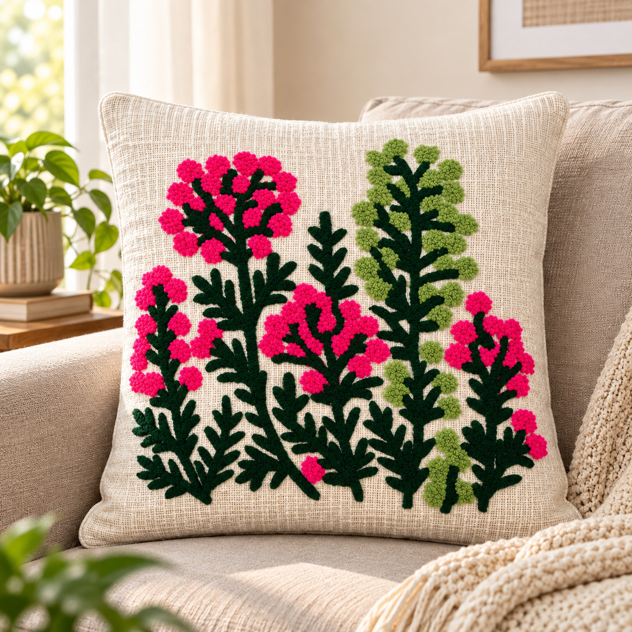 Magenta pink and green embroidered botanical cushion cover styled on beige sofa