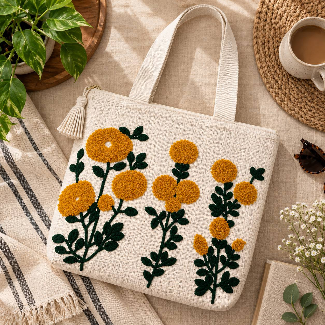 Marigold embroidered canvas tote bag flat lay with plant coffee cup and sunglasses
