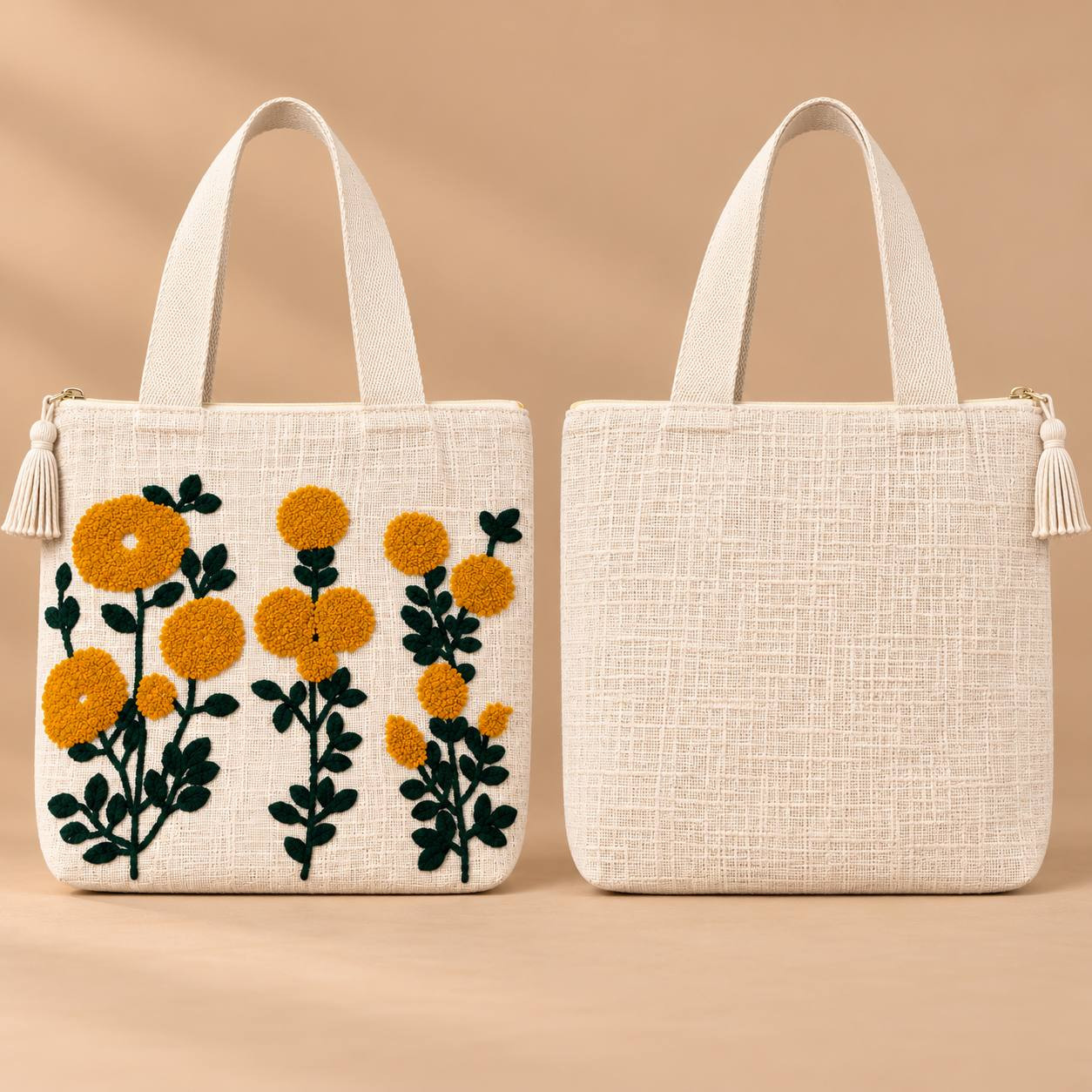 Marigold embroidered tote bag front view and plain back view side by side