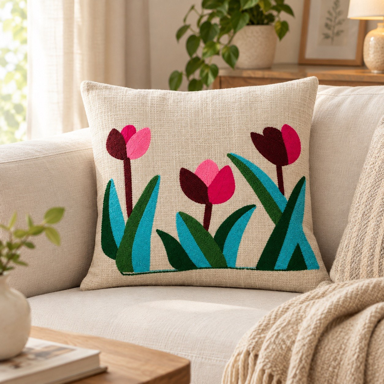 Maroon and pink tulip embroidered cushion cover styled on beige sofa