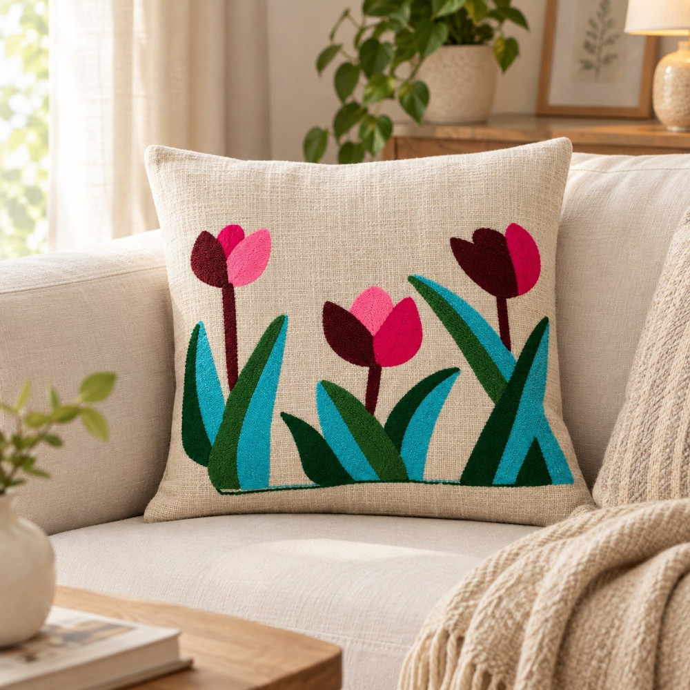 Image of Tulip Embroidered Cushion Cover | Pink Magenta Floral 16x16 Inch