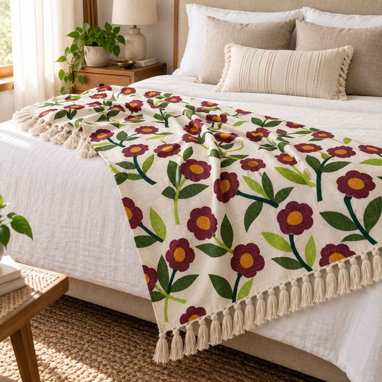 Maroon floral vine print cotton sofa throw draped over bed with tassel fringe