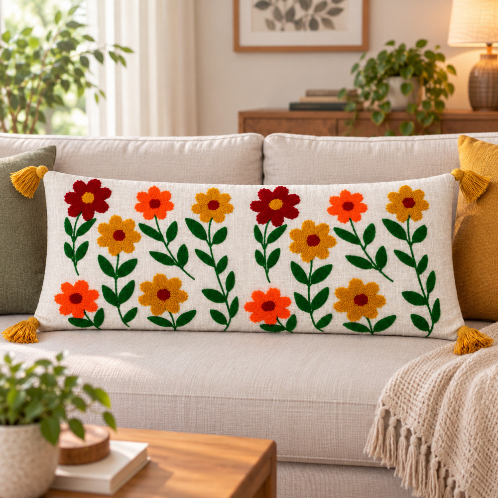 Image of Floral Embroidered Lumbar Cushion Cover | Multicolor Garden 14x36