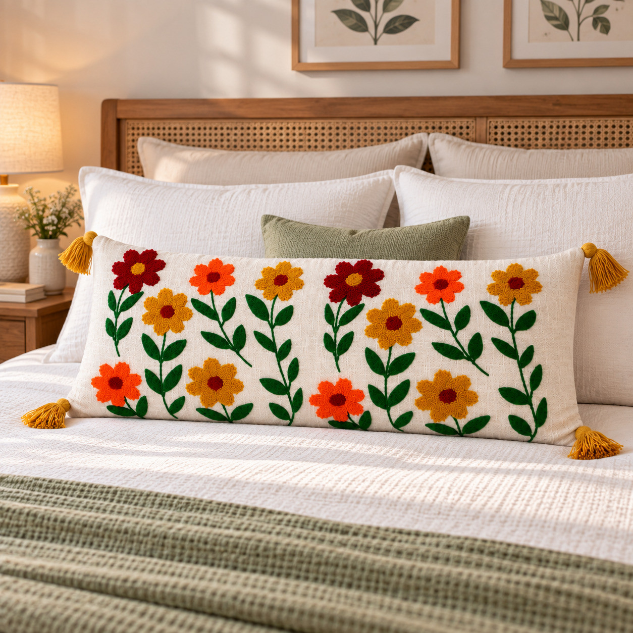 Multicolor embroidered floral lumbar cushion cover on bed with wooden headboard