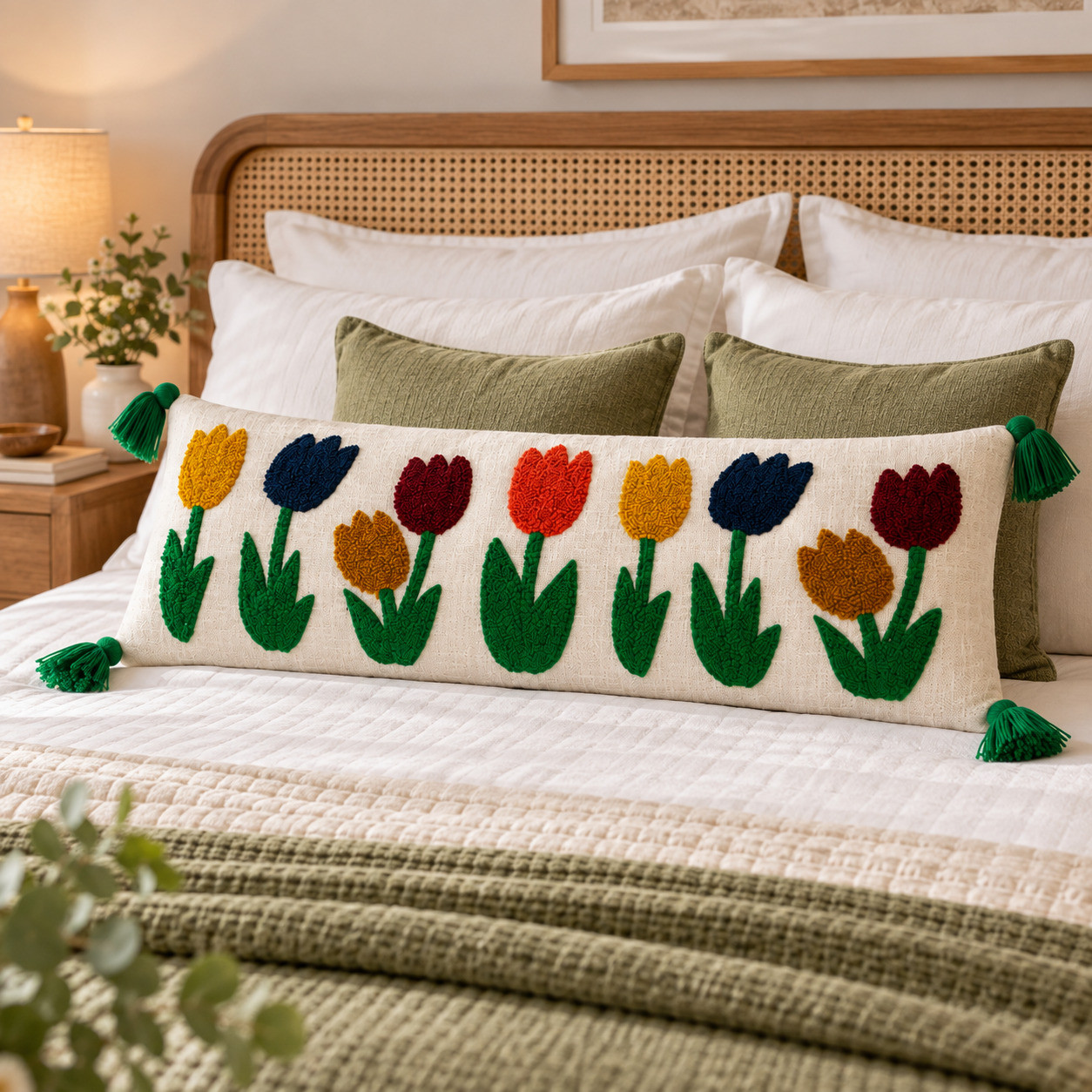 Multicolor embroidered tulip lumbar cushion cover on bed with rattan headboard