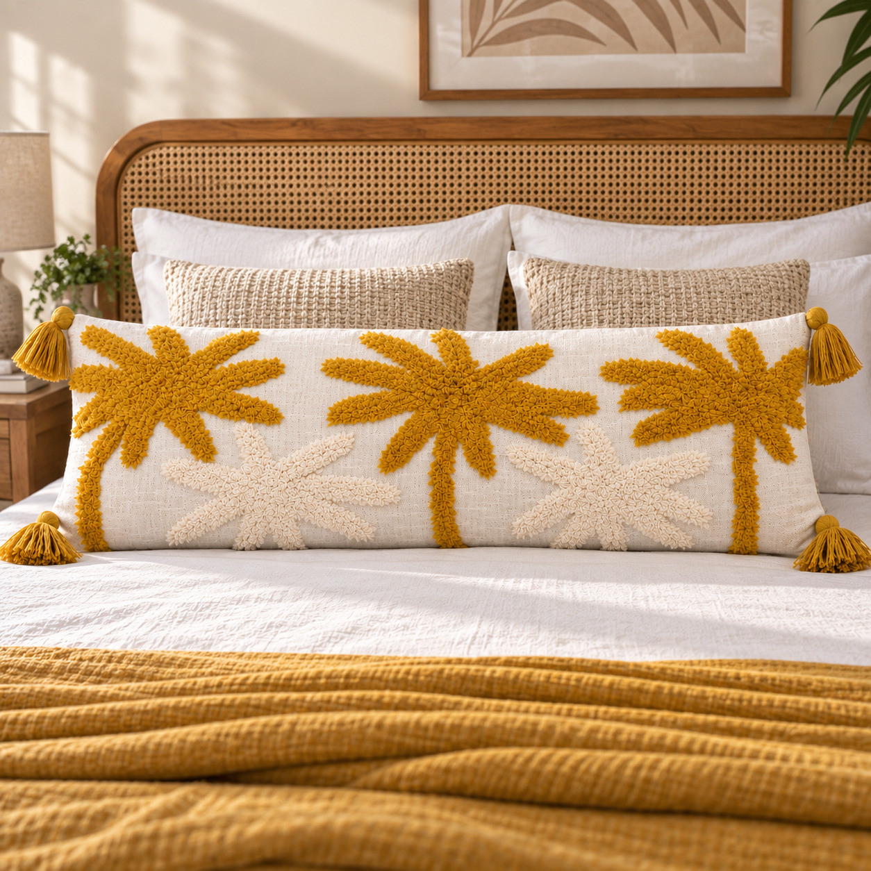 Mustard and ivory tufted palm tree lumbar cushion cover styled on bed