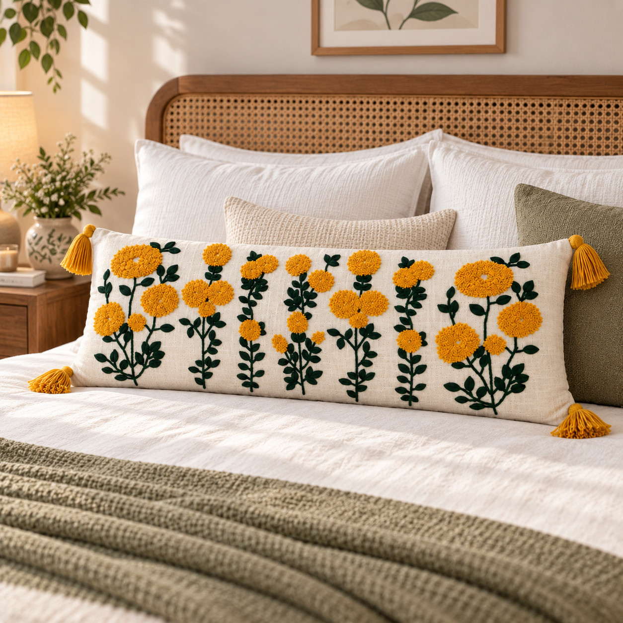 Mustard embroidered marigold lumbar cushion cover on bed with rattan headboard