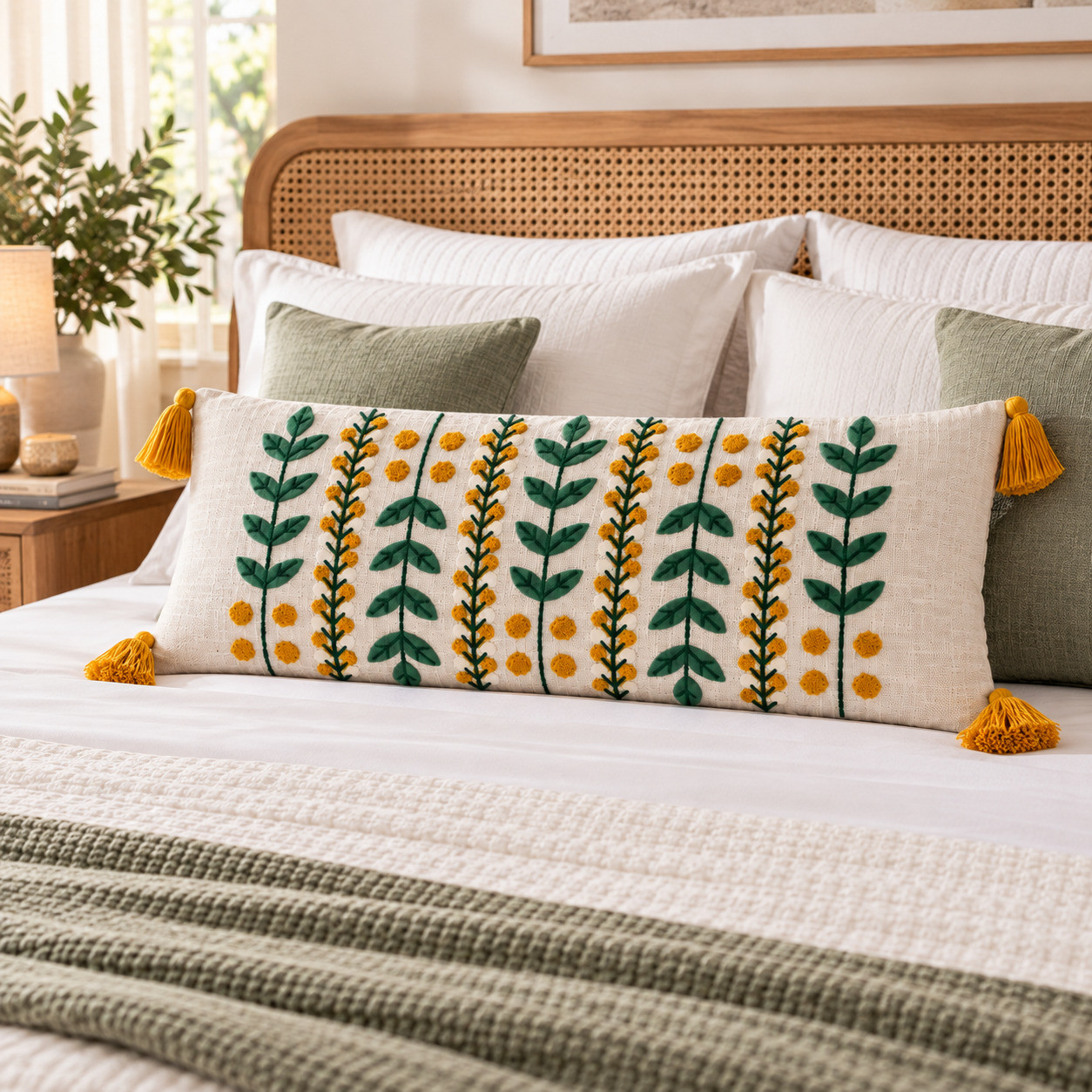 Mustard floral embroidered lumbar cushion cover placed on white bed against rattan headboard