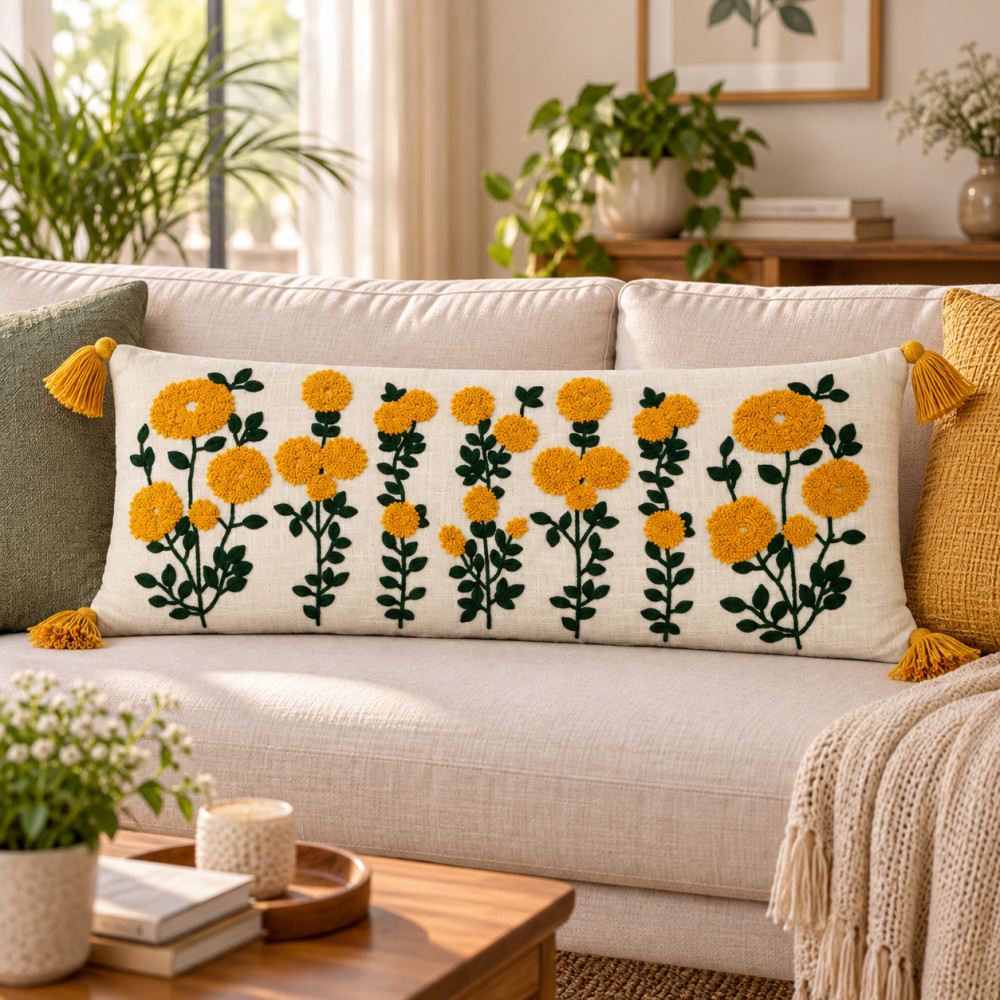 Image of Marigold Embroidered Lumbar Cushion Cover | Boho Tassel 14x36