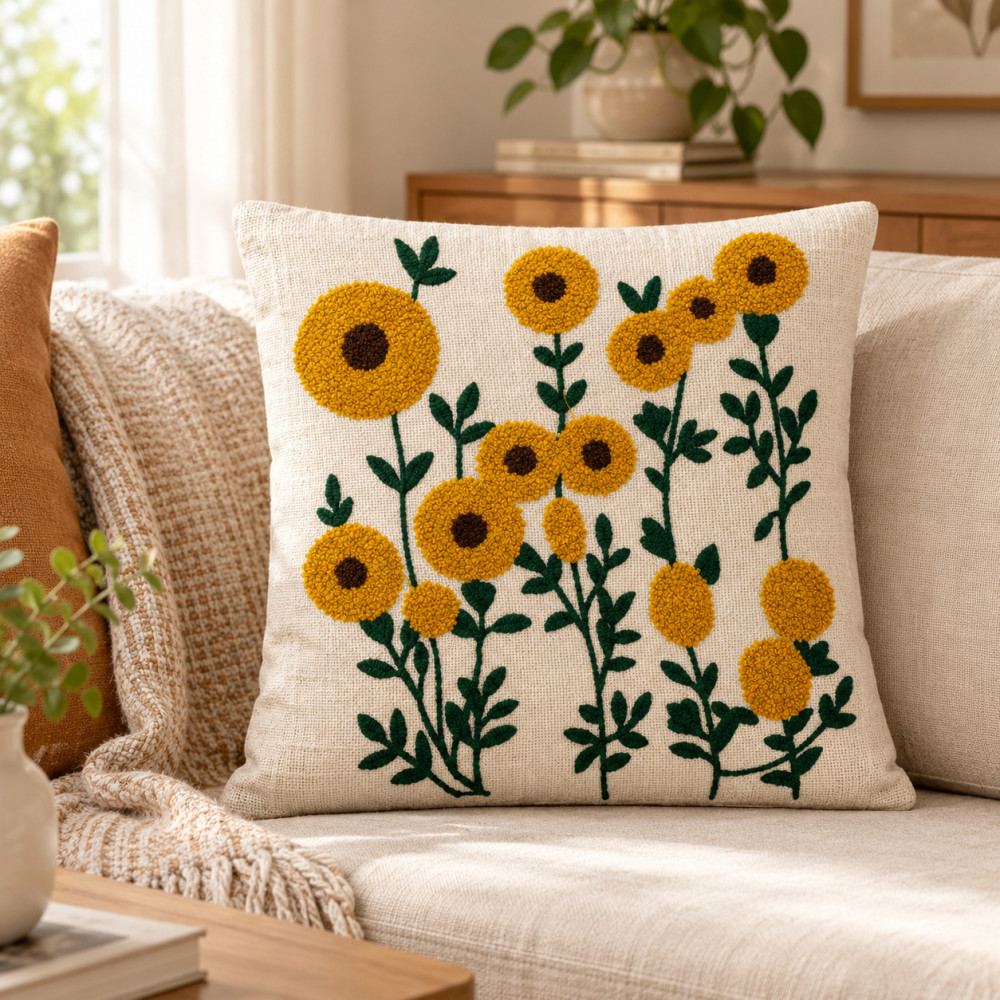 Image of Sunflower Cluster Embroidered Cushion Cover | Garden Bloom 16x16