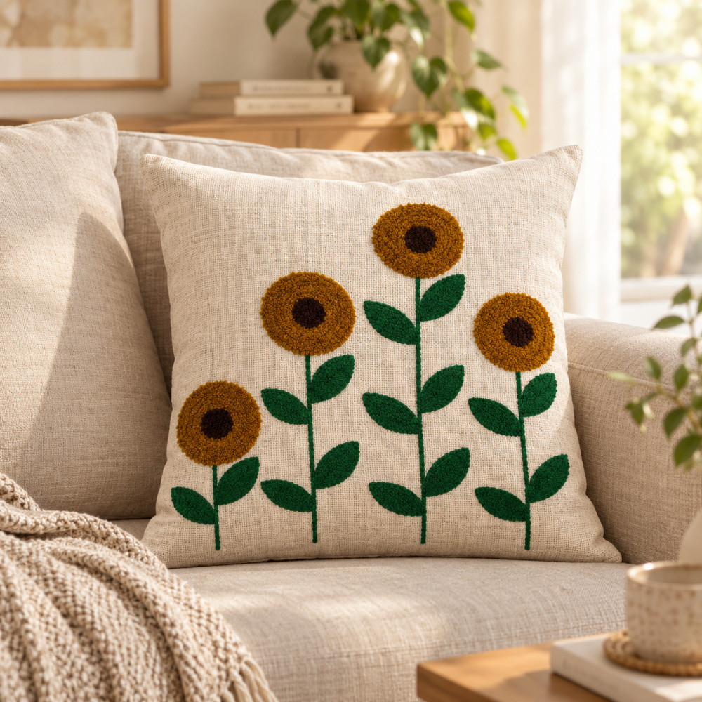 Image of Sunflower Embroidered Cushion Cover | Botanical Garden Design 16x16