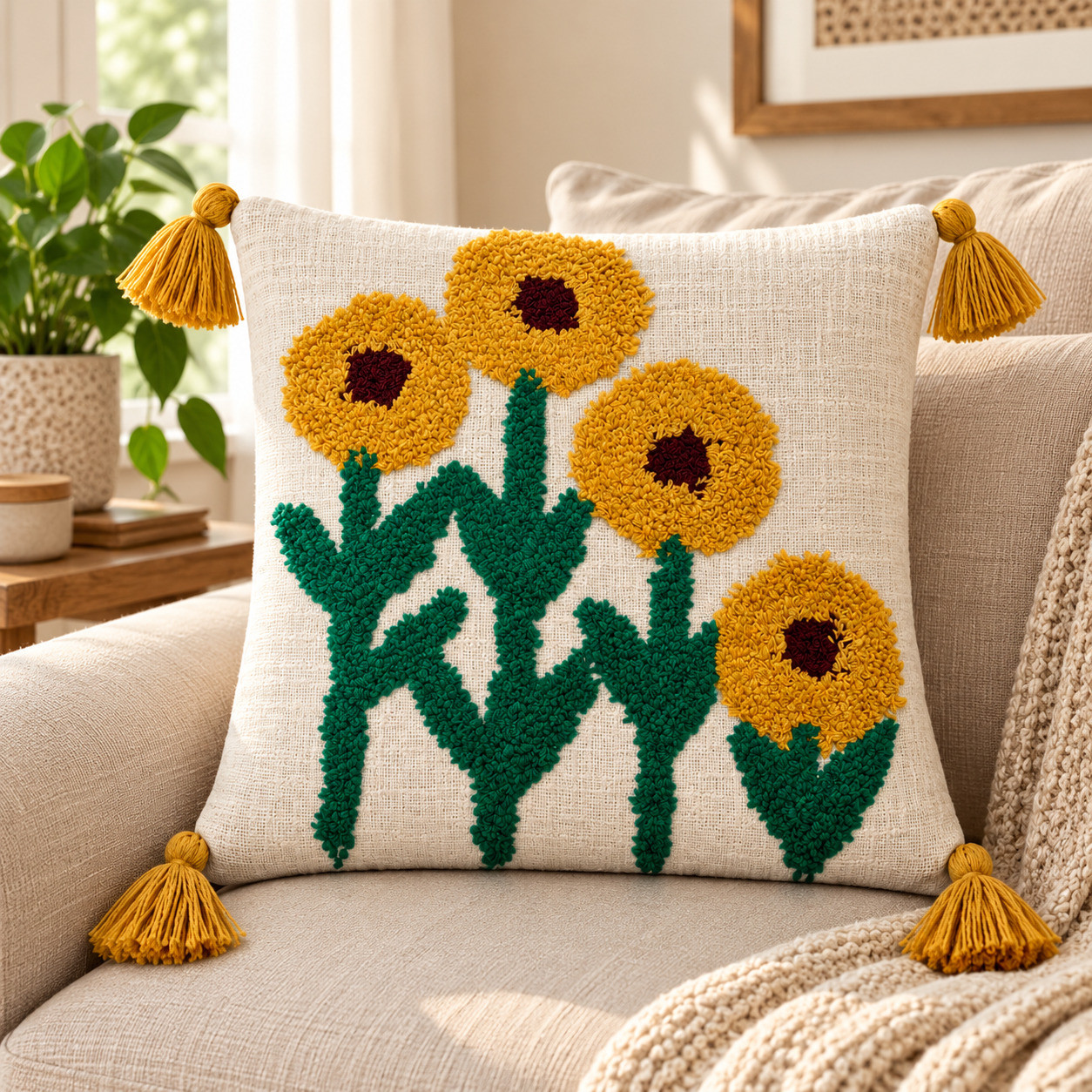 Mustard sunflower tufted cushion cover with tassel corners styled on beige sofa