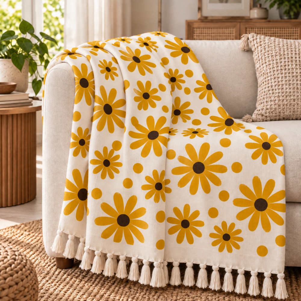 Image of Mustard Yellow Daisy Floral Hand Block Printed Cotton Sofa Throw