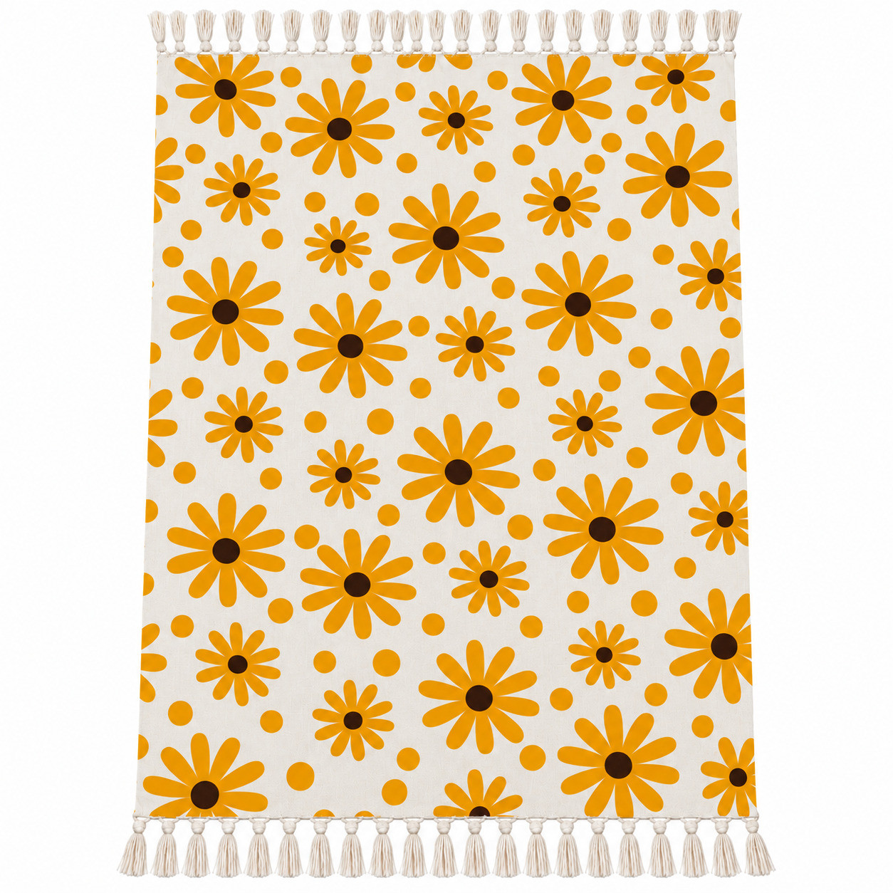 Mustard yellow daisy floral hand block printed cotton sofa throw with tassel fringe