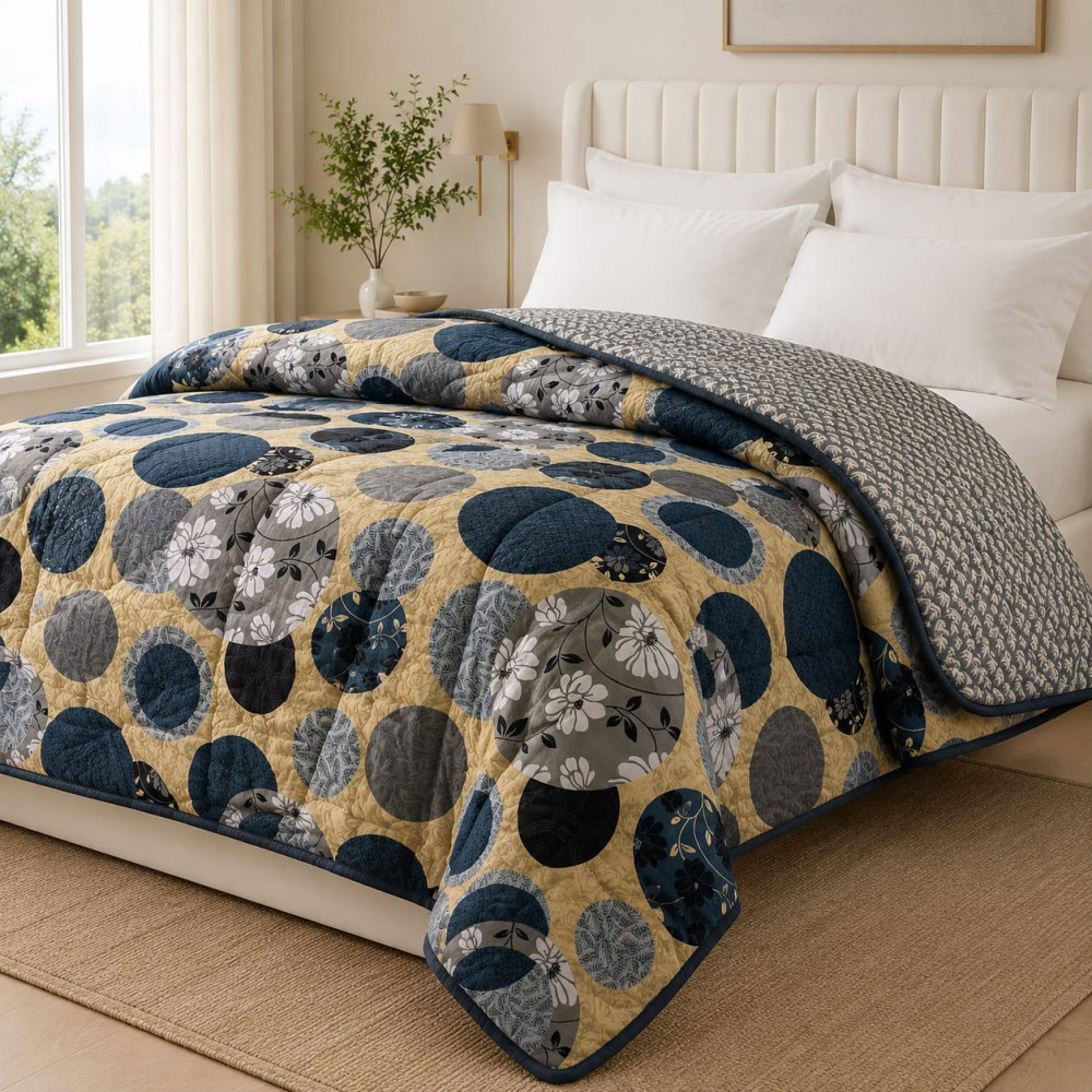 Image of Navy Gold Circle Print Reversible Cotton Quilted Comforter – Double Bed (72x90")