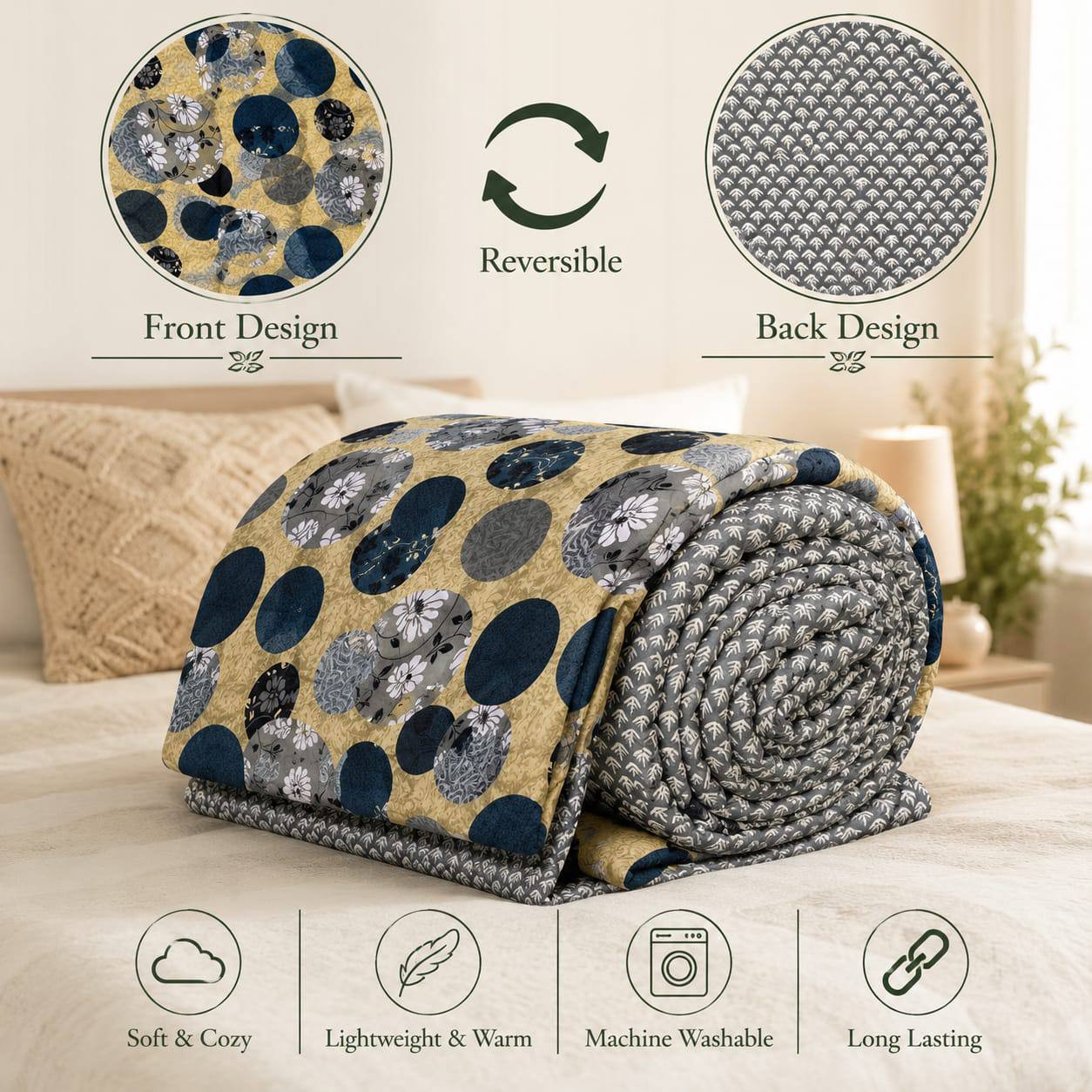 Navy gold circle print cotton quilted comforter rolled on bed showing reversible grey leaf-print back and product features