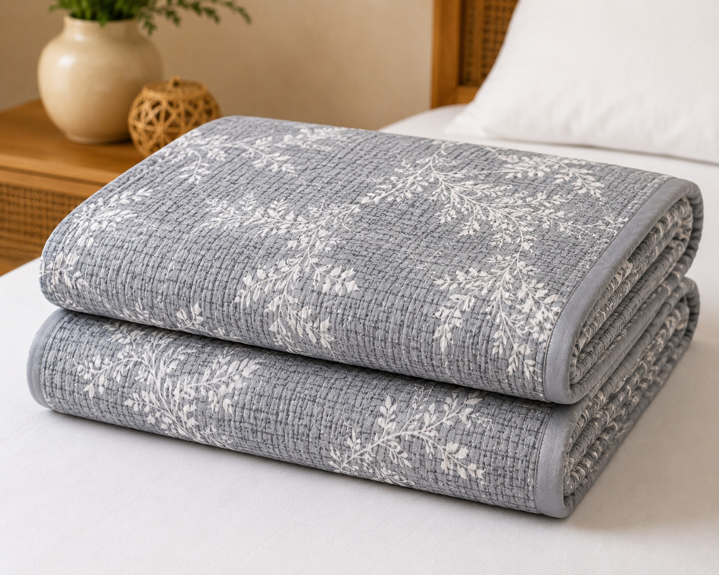 Neatly folded grey quilted cotton comforter with white vine leaf print stacked on single bed