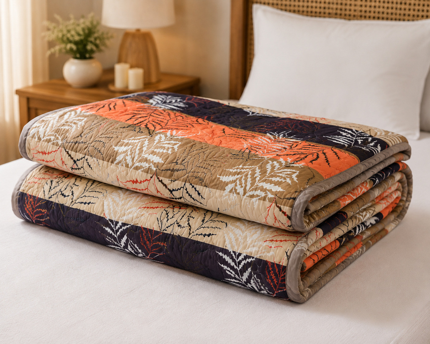 Neatly folded single bed cotton quilt with striped botanical fern leaf design in rust orange navy and beige tones