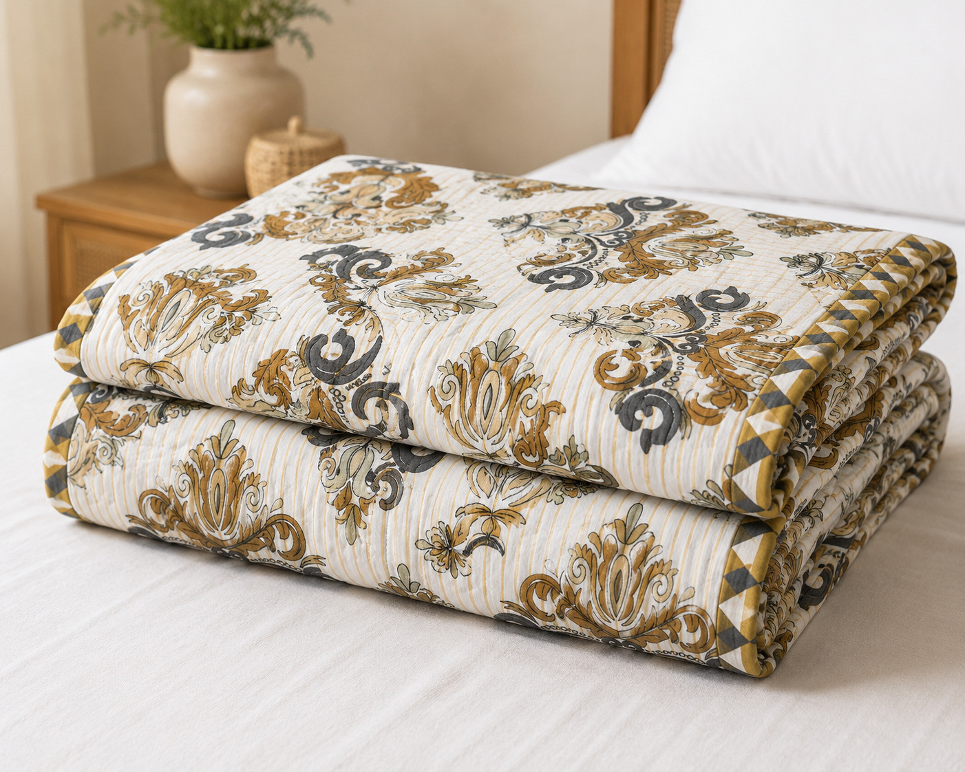Neatly folded single bed damask cotton quilt with mustard and grey scroll motif near pillow