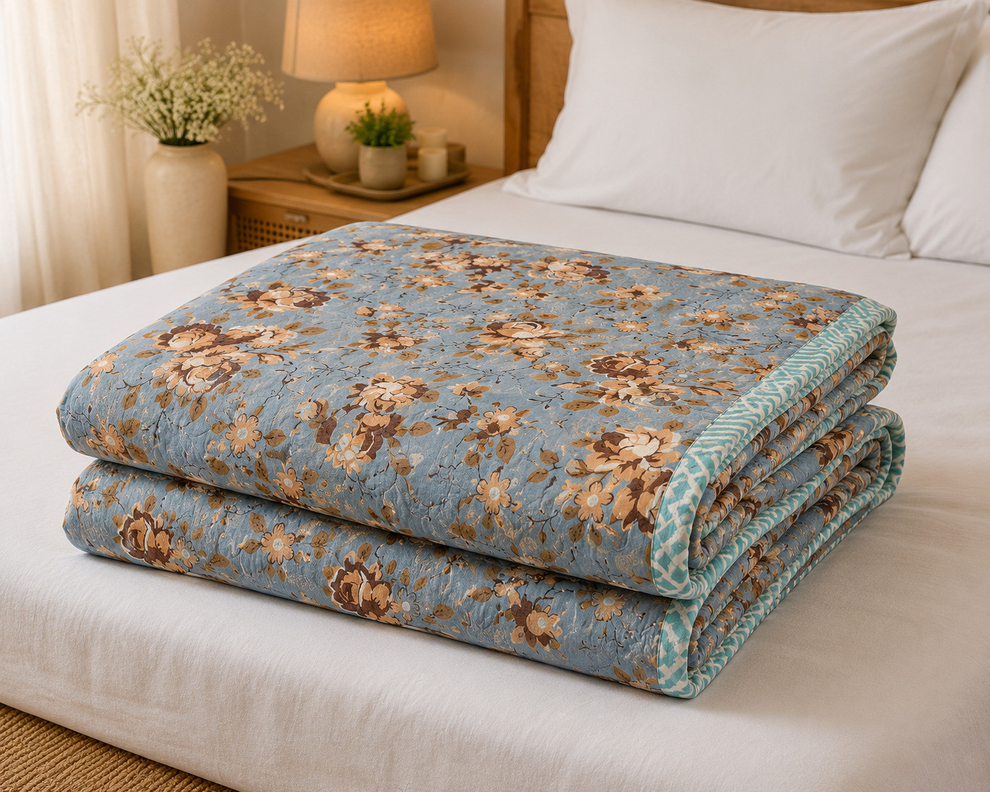 Neatly folded single bed dusty blue floral cotton quilt with brown and cream rose print near pillows