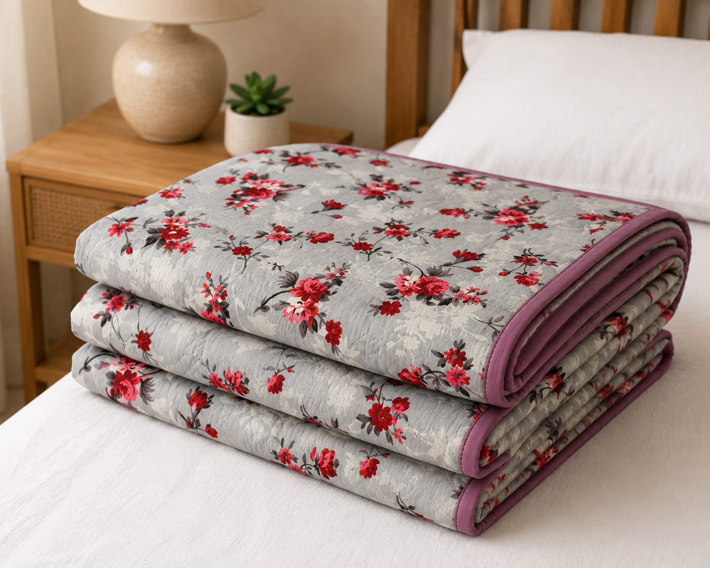 Neatly folded single bed grey floral cotton quilt with pink rose print stacked near pillow