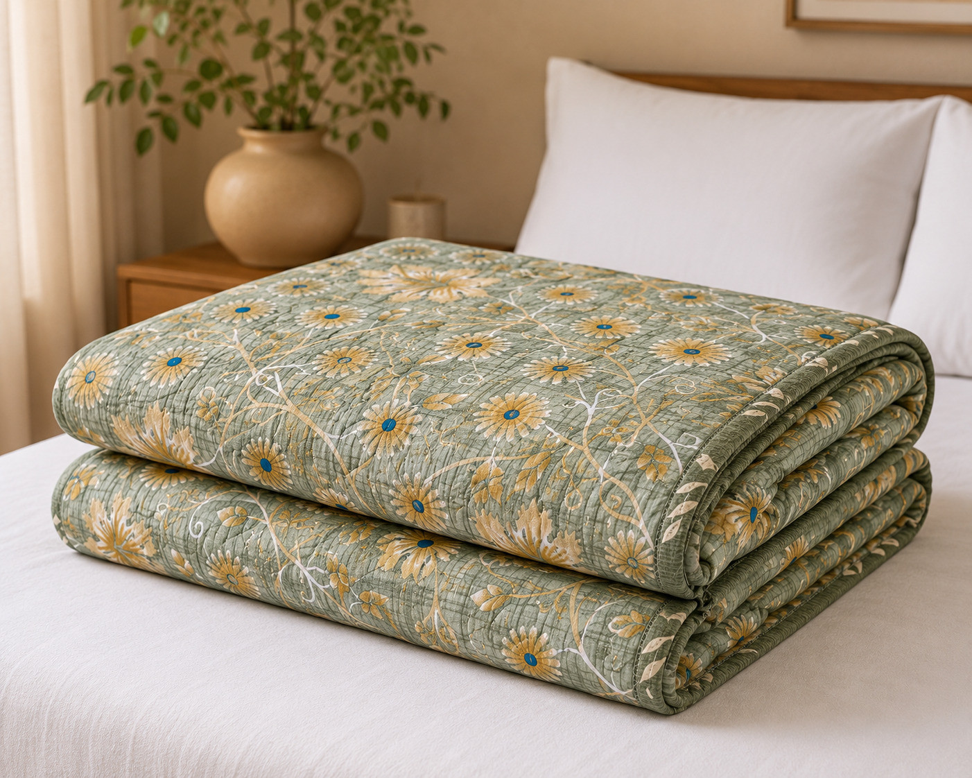 Neatly folded single bed sage green cotton quilt with golden daisy vine print near pillow