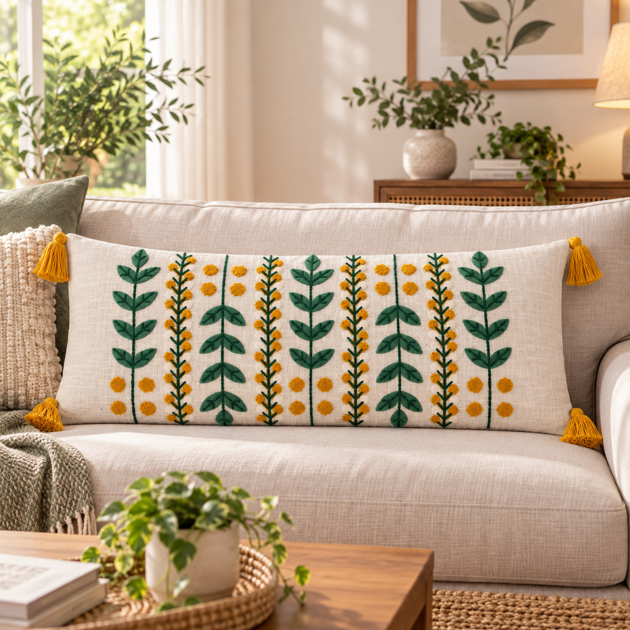 Off-white lumbar cushion cover with green vine embroidery and mustard tassels on beige sofa