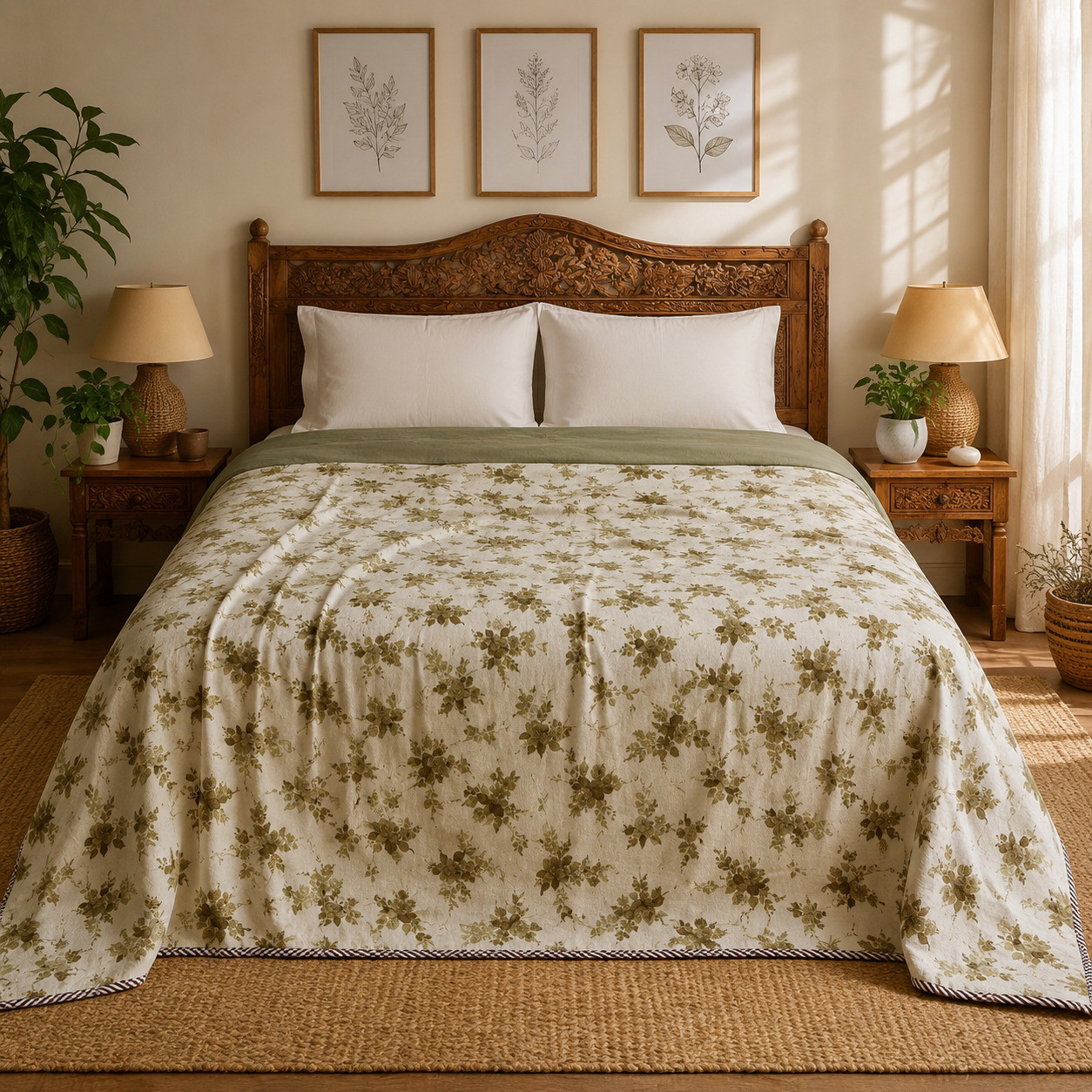 Olive floral hand block printed dohar covering double bed front view