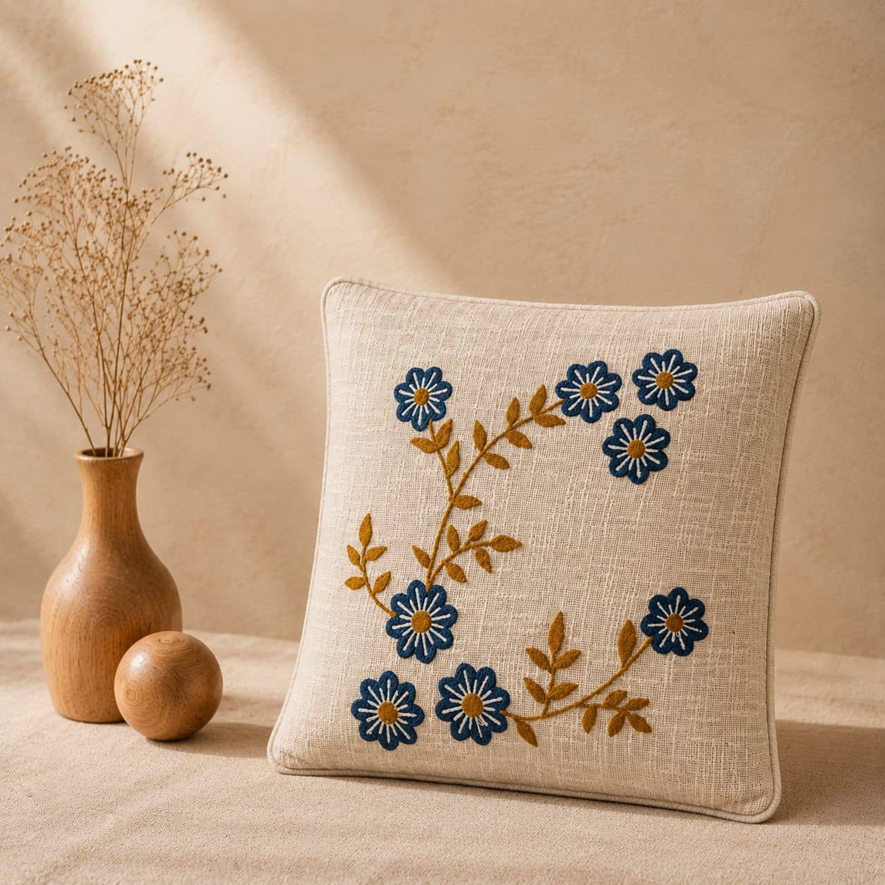 Ivory cotton cushion cover with blue floral hand embroidery 16x16 inch