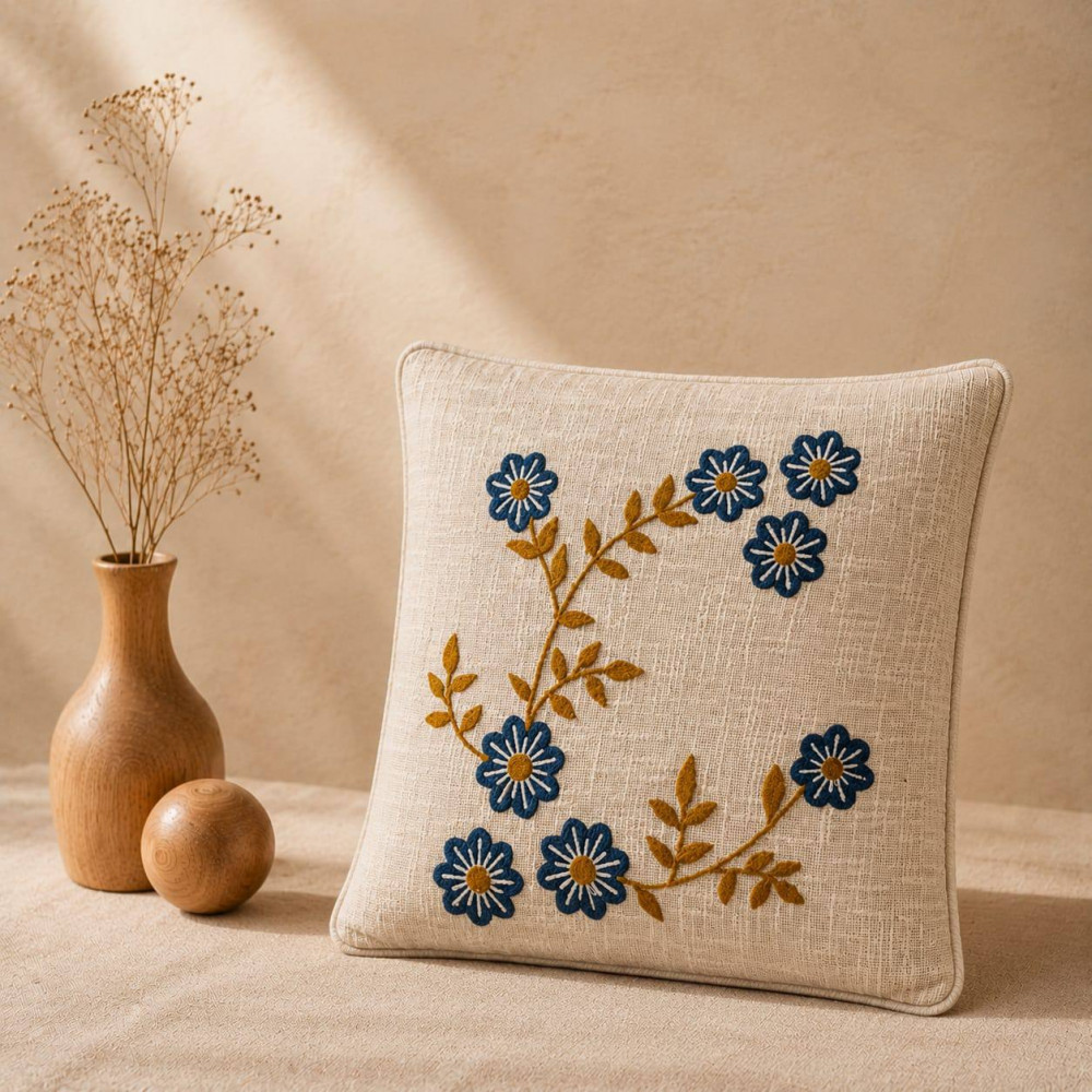 Image of Blue Daisy Floral Embroidered Cushion Cover, 16x16 Inch
