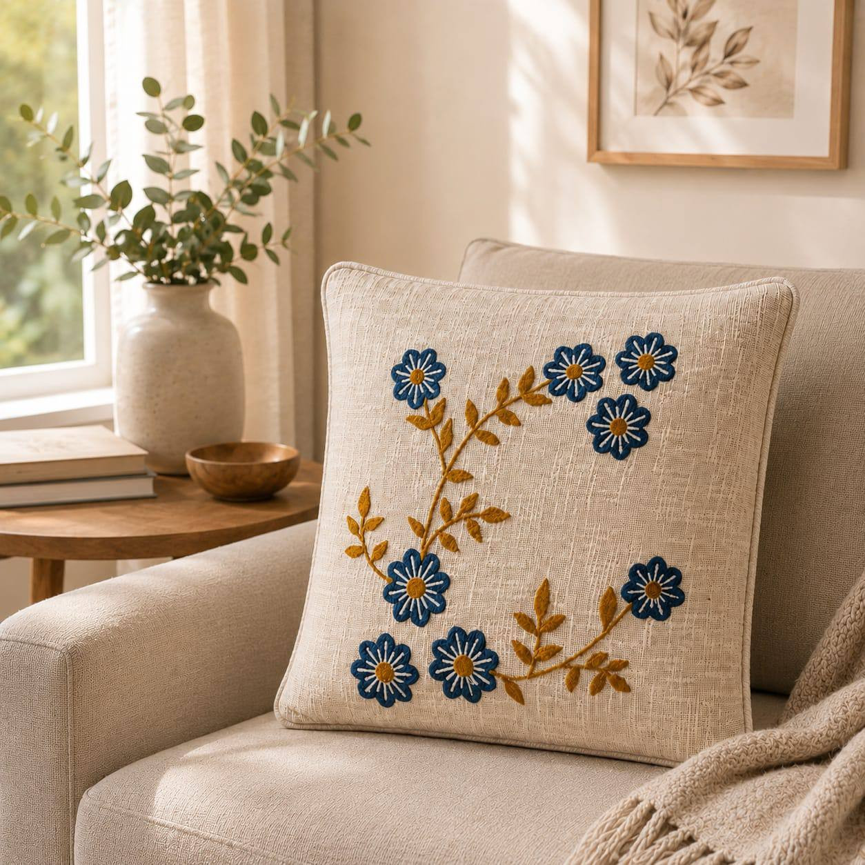 Embroidered blue daisy cushion cover on beige armchair farmhouse decor