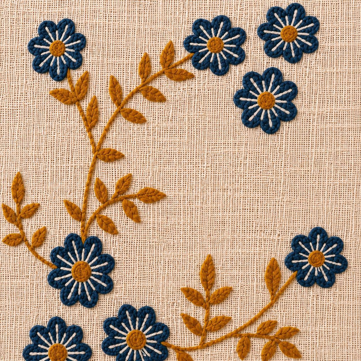 Close-up of hand embroidered blue and mustard floral cushion cover