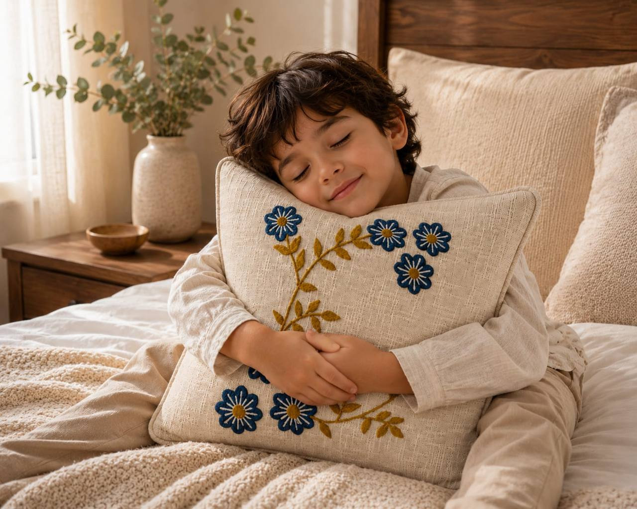 Soft ivory cushion cover with floral embroidery cozy bedroom lifestyle shot