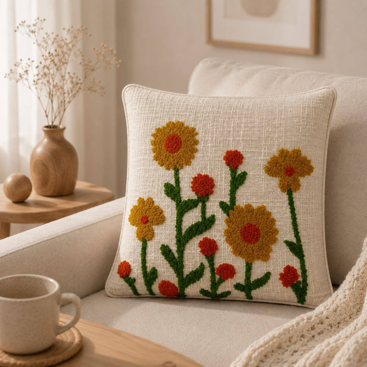 Marigold Punch Embroidery Cushion Cover Ivory Cotton Textured Floral Design 16x16