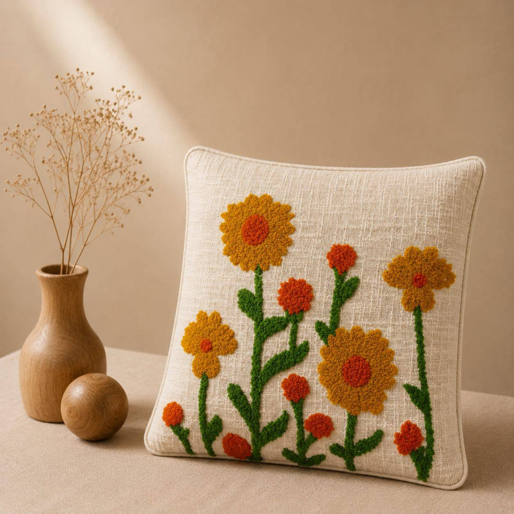 Image of Marigold Punch Embroidery Cushion Cover, Ivory Cotton, Textured Floral Design, 16"x16"