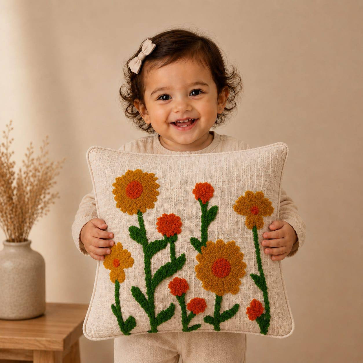 Marigold Punch Embroidery Cushion Cover Ivory Cotton Textured Floral Design 16x16