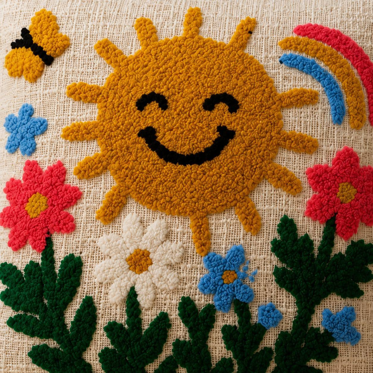 Close-up of raised punch needle embroidery showing smiling sun rainbow and daisy detail