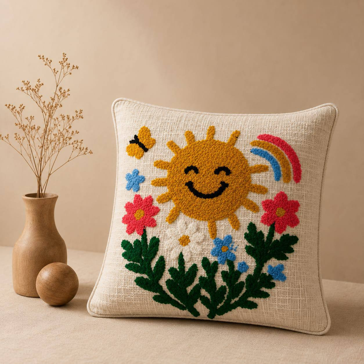 Punch needle sunshine cushion cover with smiley sun rainbow and floral design beside wooden vase