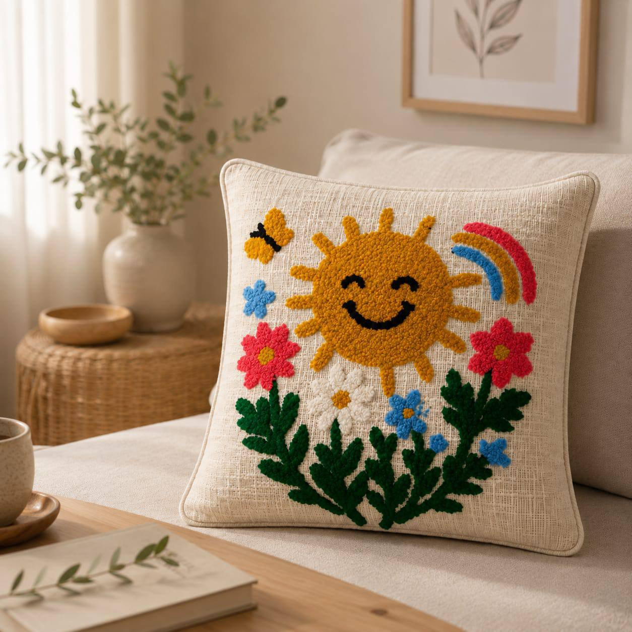 Punch needle sunshine cushion cover styled on bed with dried florals and greenery