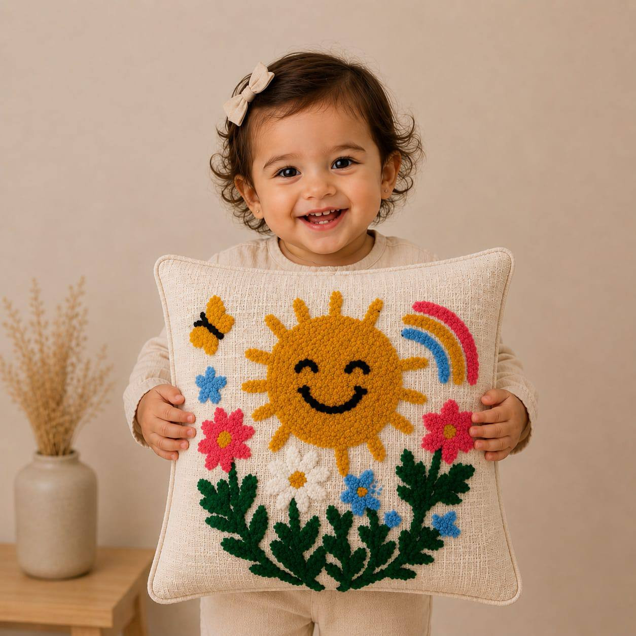 Child holding punch needle sunshine cushion cover with smiley sun and rainbow motif