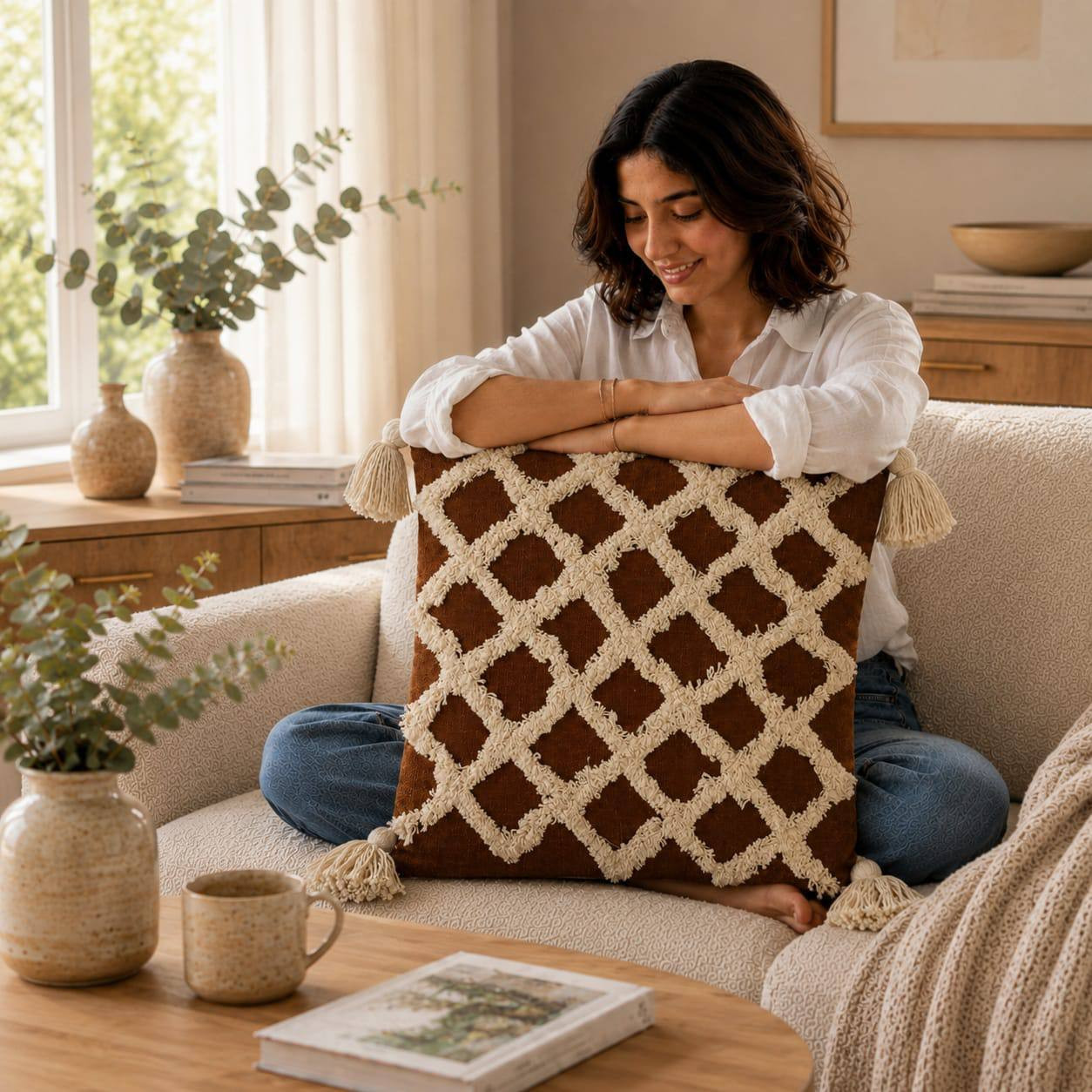 Woman sitting on sofa resting arms on rust brown tufted cushion cover with cream diamond pattern and tassels