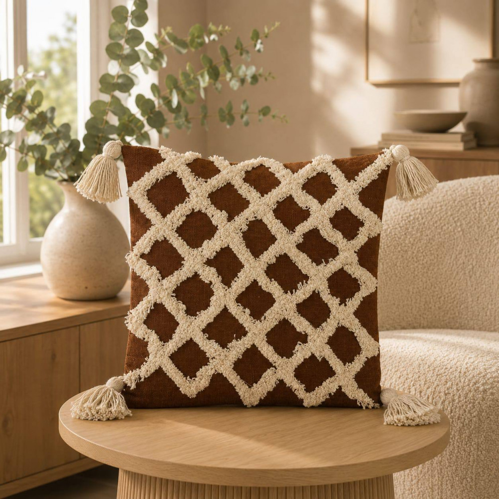 Image of Rust Brown Tufted Cushion Cover with Cream Diamond Pattern &amp; Tassels, 16 x 16 Inch