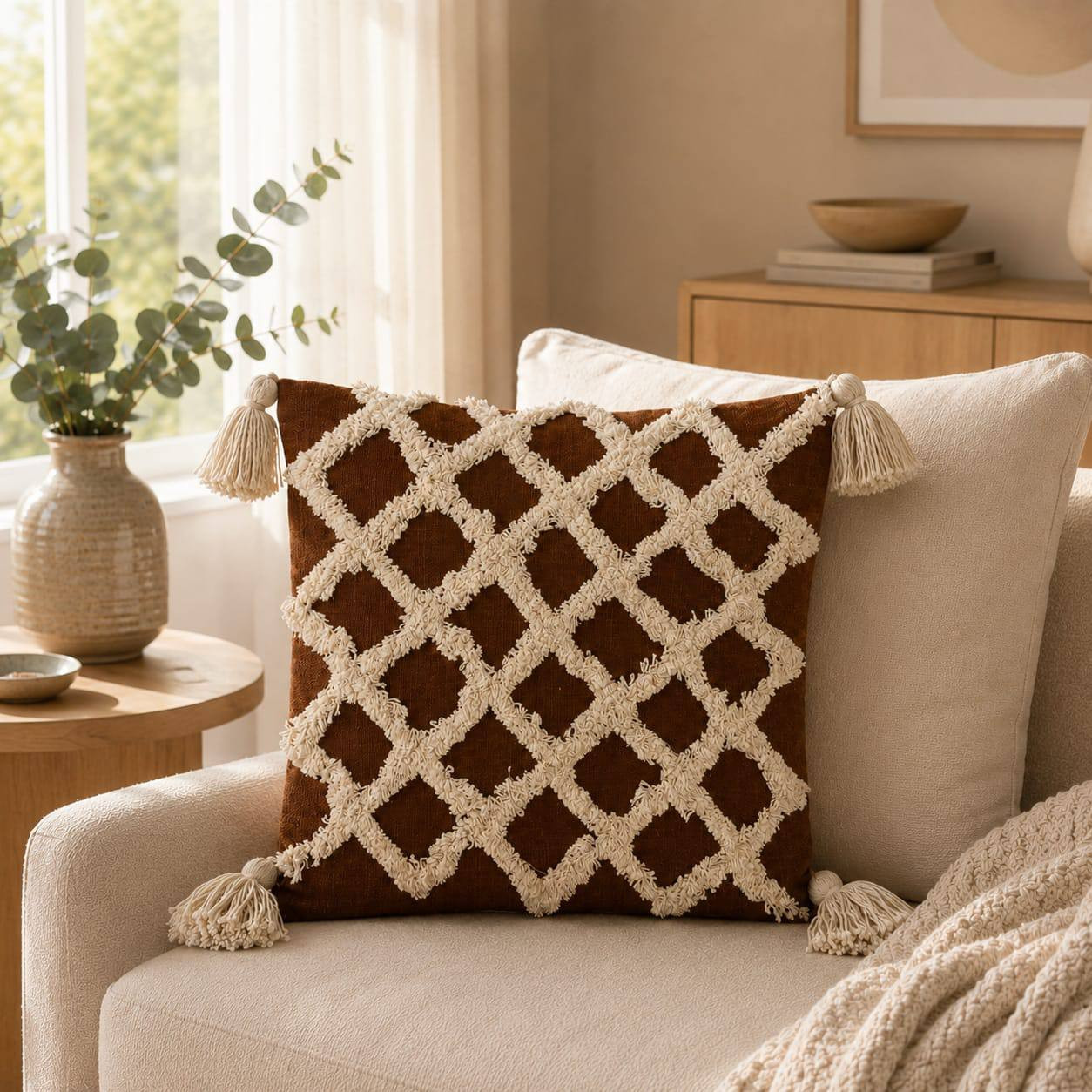 Rust brown tufted cushion cover with cream trellis pattern and corner tassels styled on a beige sofa