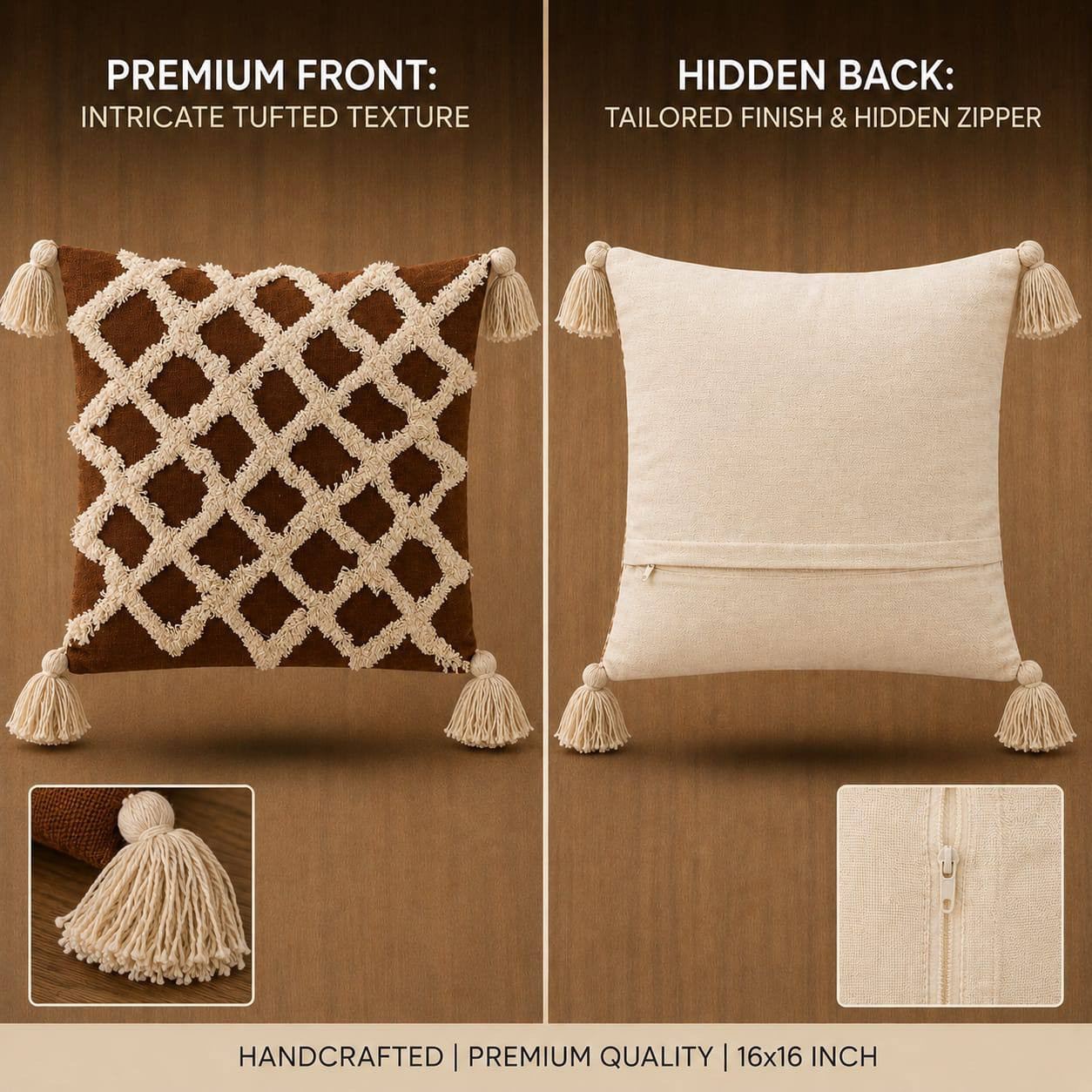 Front and back view of rust brown tufted cushion cover showing intricate tufted texture and hidden zipper closure 16x16 inch