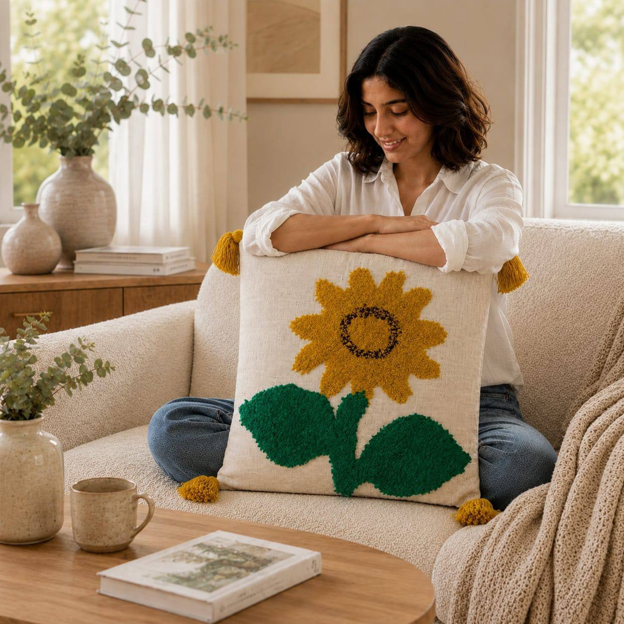 Woman sitting on sofa resting arms on cream tufted cushion cover with sunflower design and yellow tassels