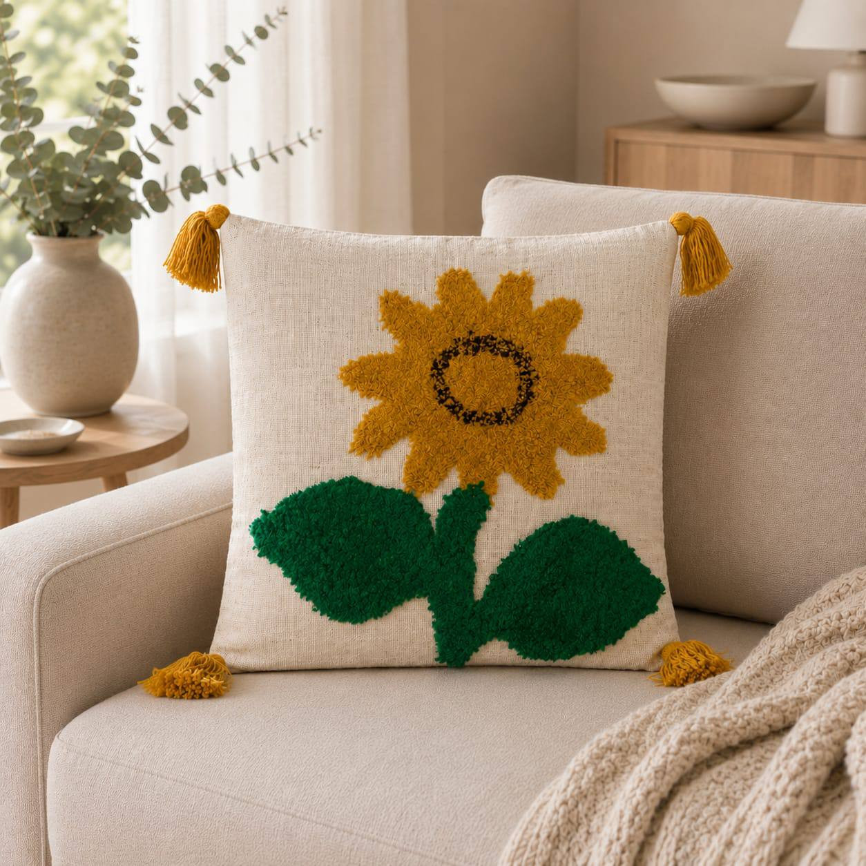 Cream sunflower tufted cushion cover with yellow tassels styled on a beige sofa