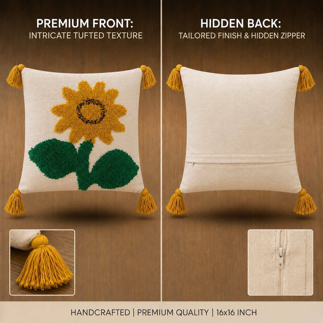 Front and back view of sunflower tufted cushion cover showing tufted texture and hidden zipper closure 16x16 inch